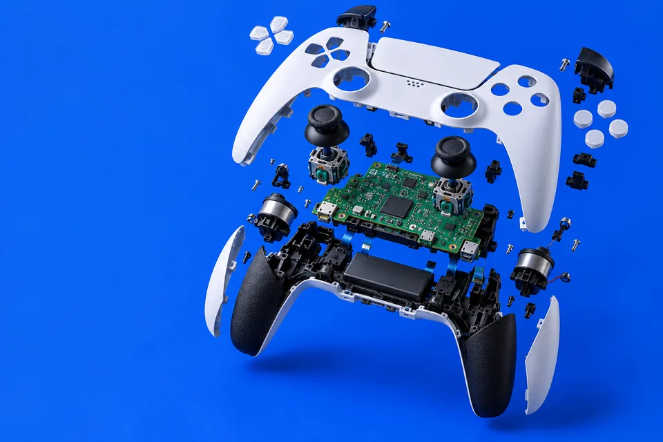 Illustration d’une manette démontée et de sa carte électronique.