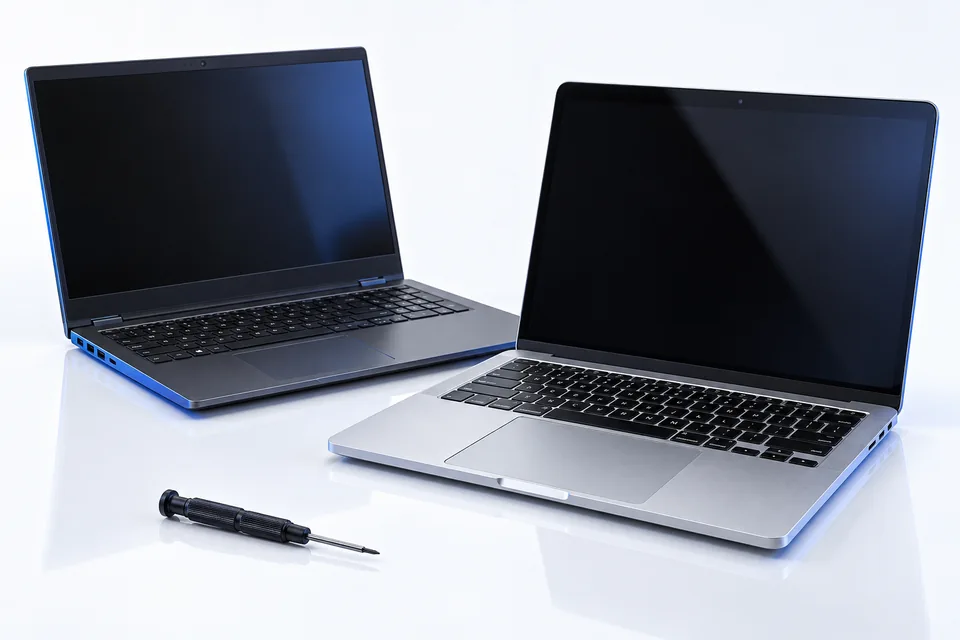 Illustration d’un PC portable noir et d’un Mac portable argenté avec un tournevis de précision.